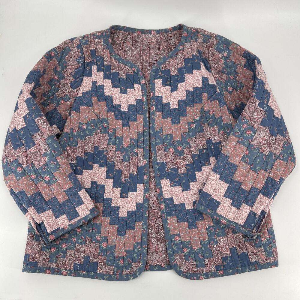 Vintage Handmade Quilted Jacket Womens Size L Blue Pink Floral Cottagecore - Picture 9 of 10